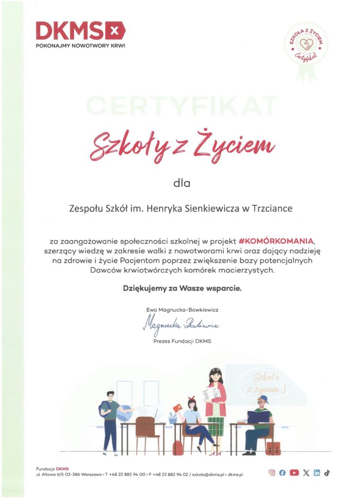 Nasza szkoła otrzymała „Certyfikat Szkoły z Życiem”