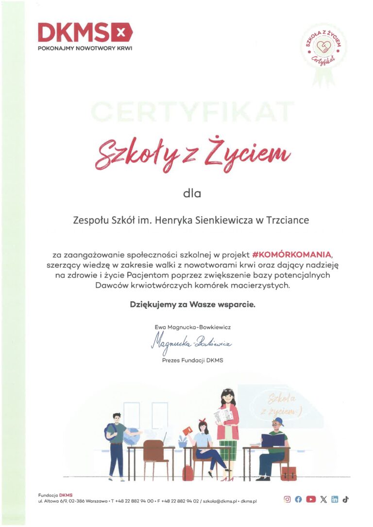 Nasza szkoła otrzymała „Certyfikat Szkoły z Życiem”
